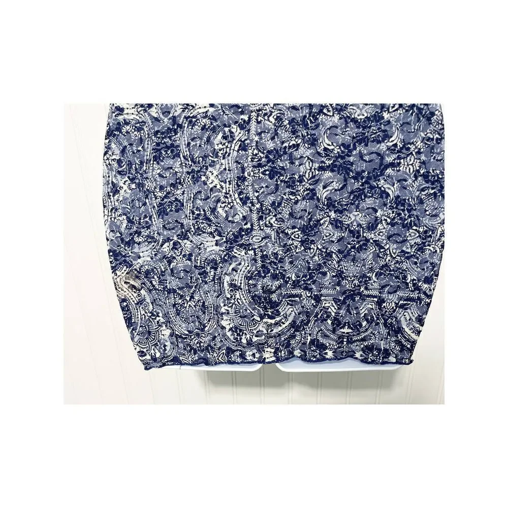 Free People Sheer Lace Printed Long Tank Top Lettuce Hem Sleeveless Blue Small‎
